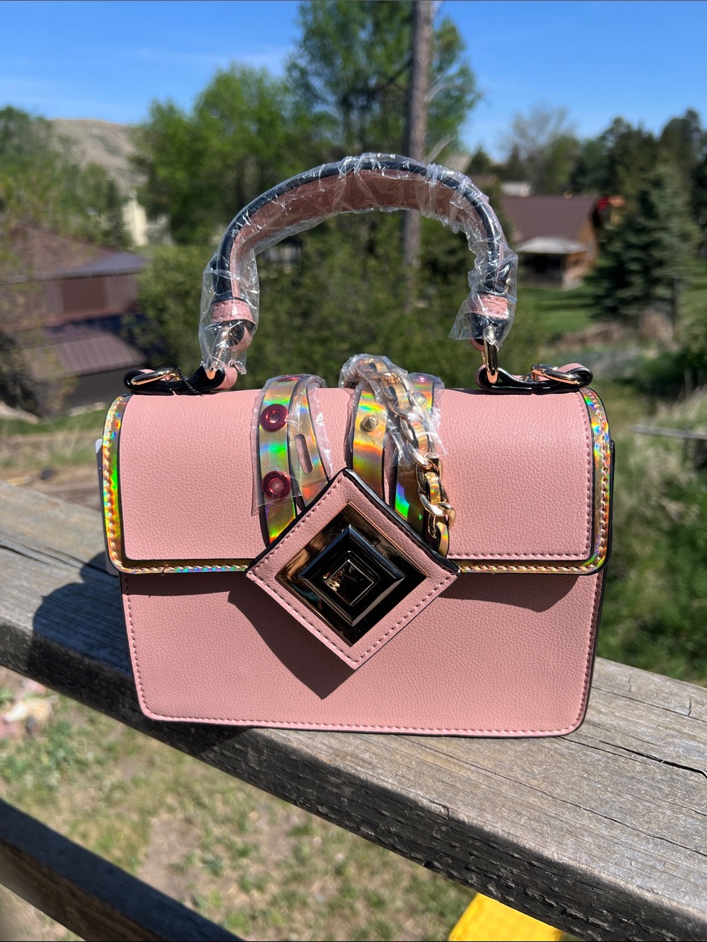 Brentano Mini Satchel in Blush Pink with Holographic Trim w/crossbody